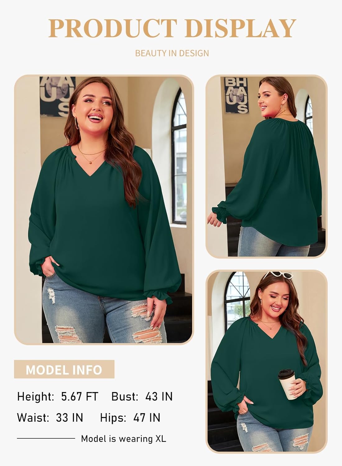 Eytino Womens Plus Size Tops Sexy V Neck Smocked Long Sleeve Casual Chiffon Blouse Flowy Work Shirts(1X-5X) - Image 3