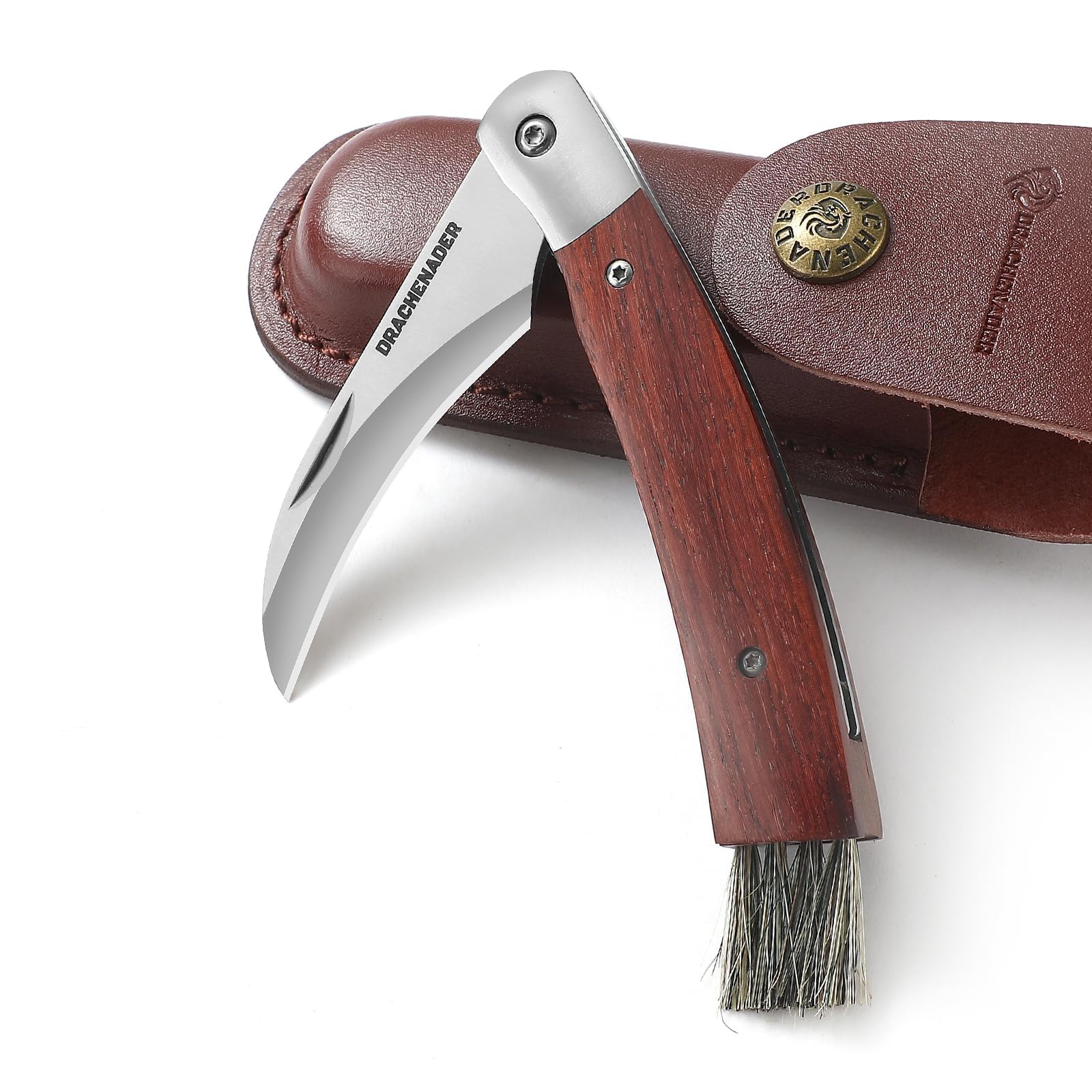 DRACHENADER Couteau champignon N-1, Couteau à champignons avec brosse/pinceau intégré, Liner Lock, étui en cuir, Acier 5Cr14MoV, manche en bois, parfait pour cueillir et nettoyer les champignons