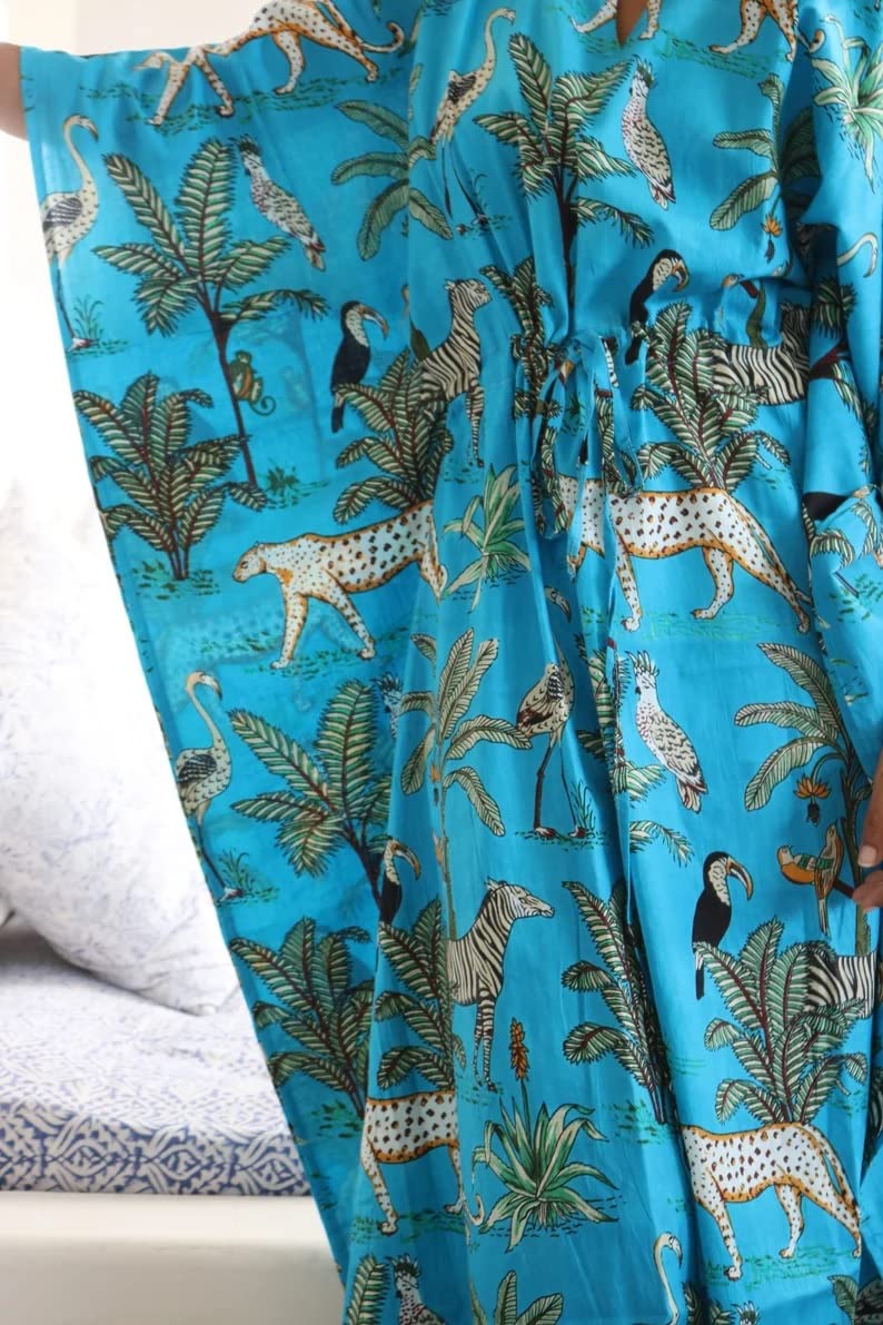 Robe de nuit maxi caftan imprimé jungle en coton fait à la main, caftan court, beau caftan, robe de plage