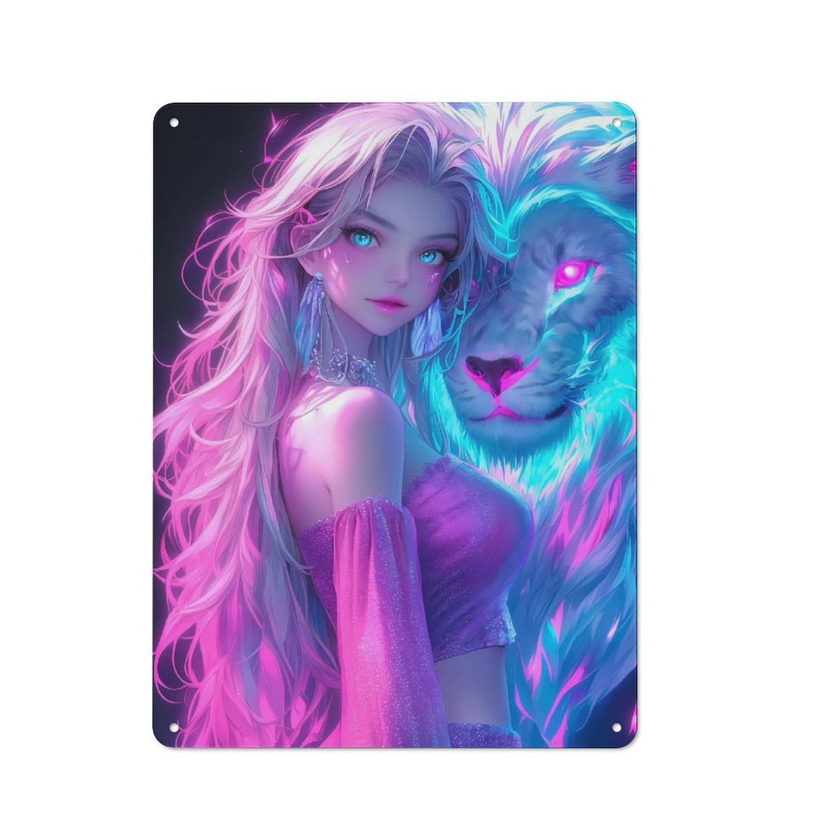 Junmoney Girls Style-13 Tin Wall Plaque 40X30cm With Neon Lion For Pub Or Café, For Hospitality Wall Decor Collectors