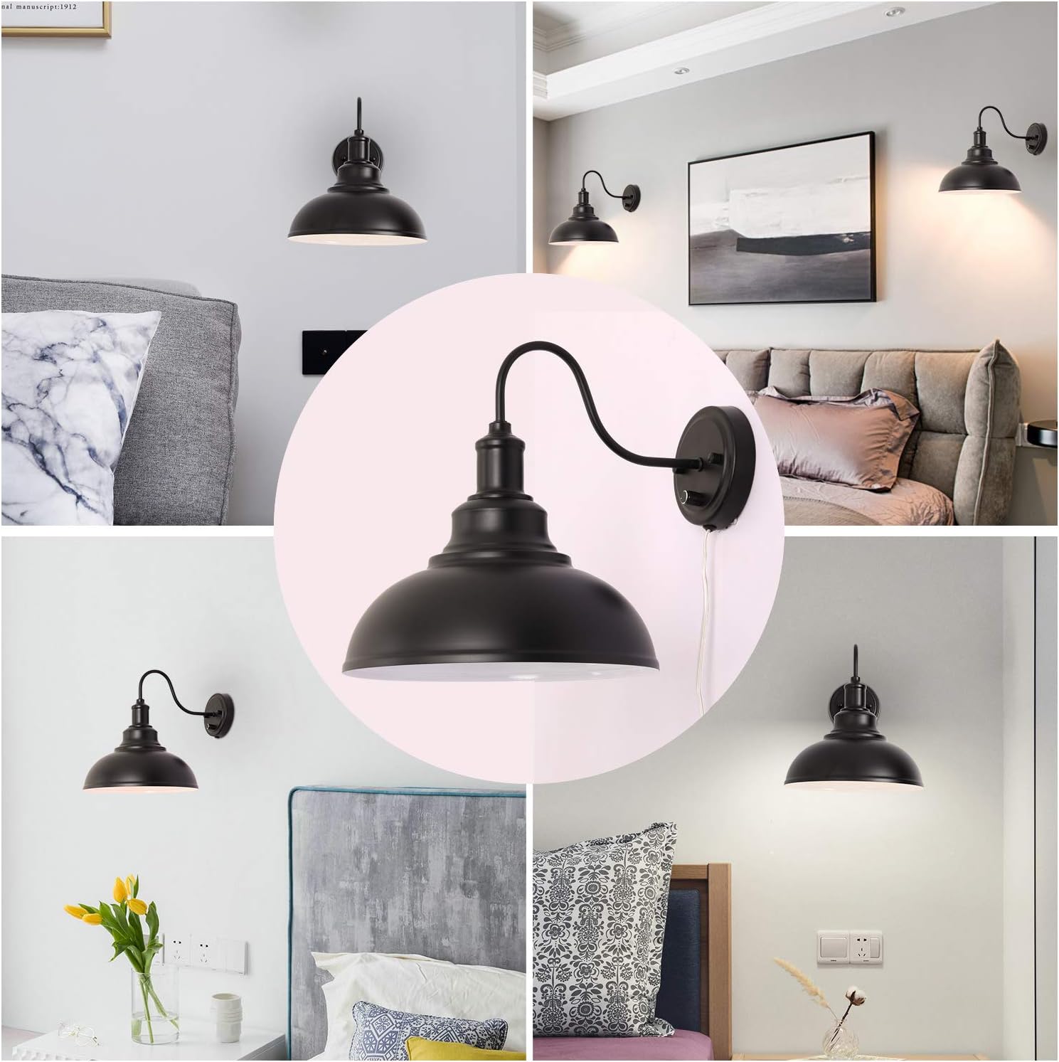 Kingmi Wall Lamp Dimmable Wall Sconce Black Industrial Vintage Farmhouse Wall Sconce Lighting Gooseneck Wall Light Fixture with Plug in Cord and On Off Toggle Switch for Bedroom Nightstand