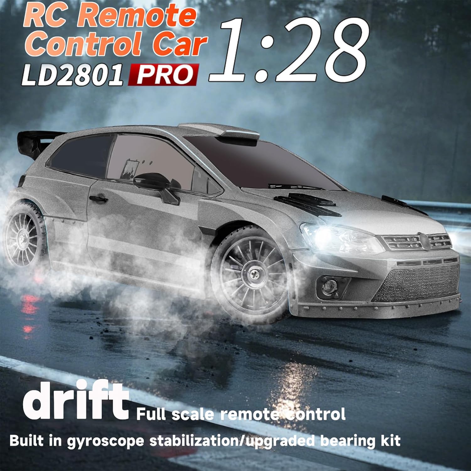 LD2801Pro Mini RC Drift Car 1/28 Scale RTR Remote Control 4WD Racing Cars with Gyro and 4PCS Drift Tires and LED Searchlight for Hobby Gift (Silvery)