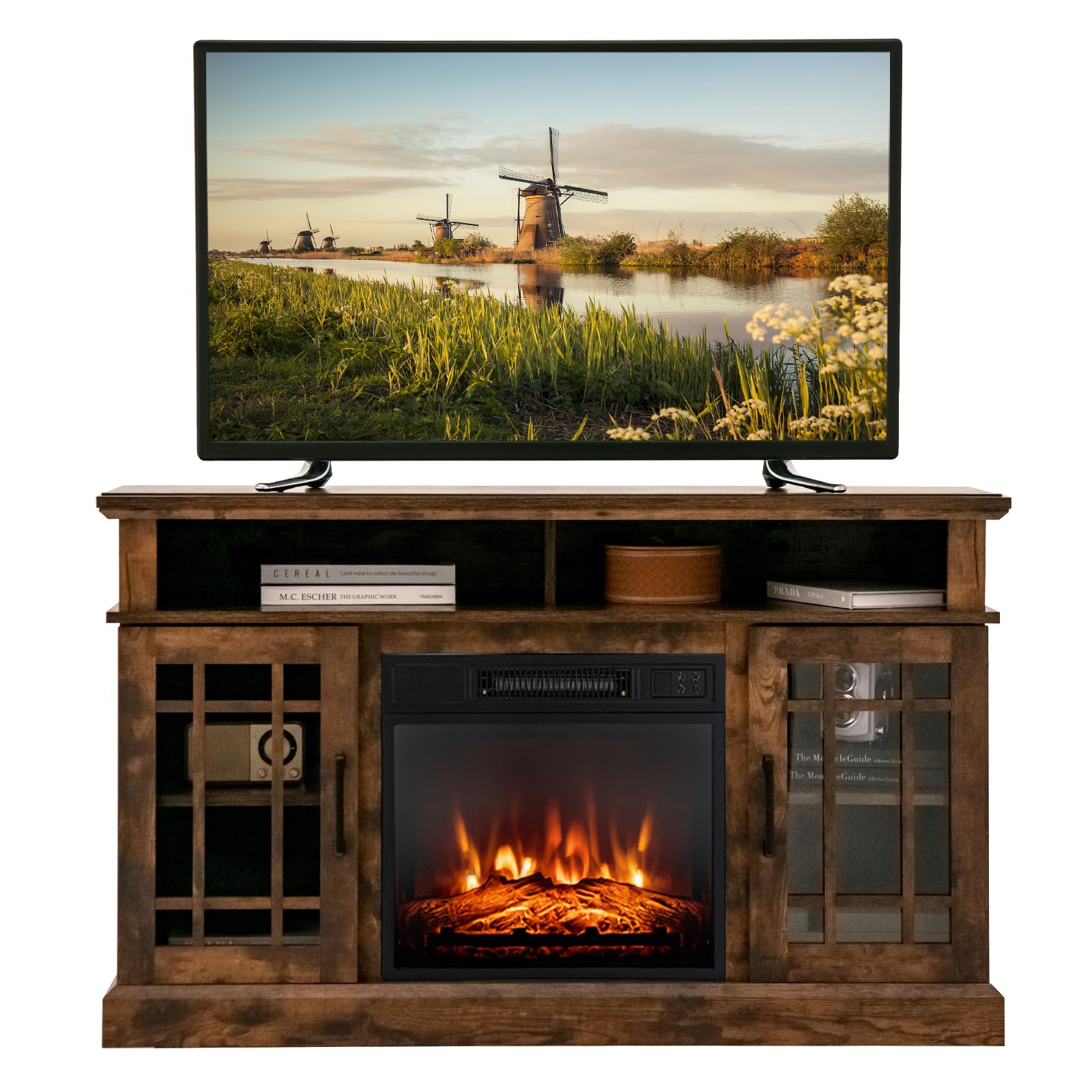 COSTWAY Electric Fireplace TV Stand for TVs Up to 55 Inches, 18-Inch Fireplace Insert with Remote, Overheat Protection, 48-Inch Wooden Media Entertainment Center with Adjustable Shelves, Brown
