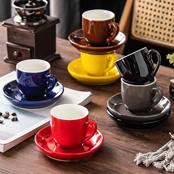 Espresso Cups with Saucers Set of 6 5oz Colorful Coffee Cup Set Ceramic Tea Cup with Handle Espresso Cups Set