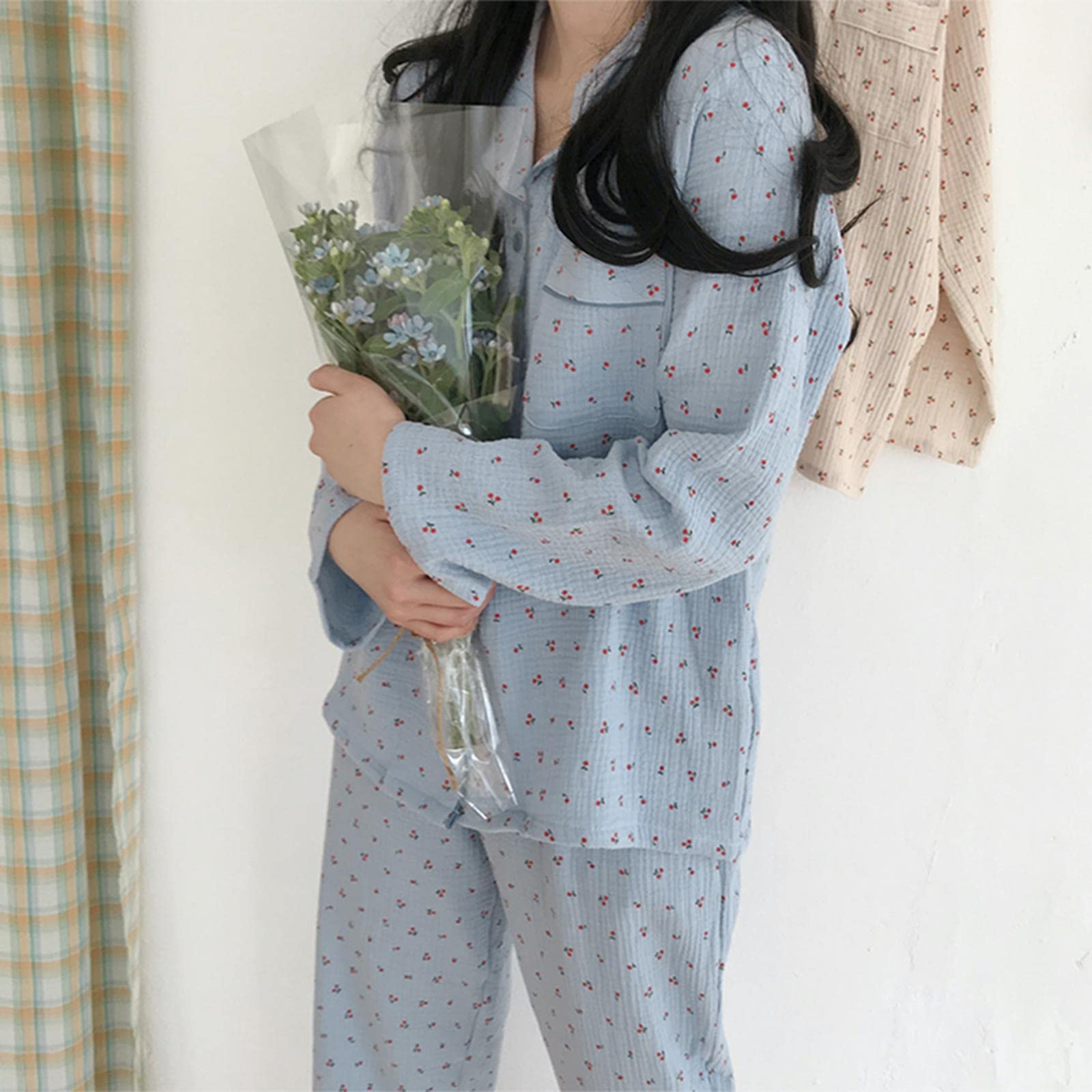 Pigiama Donna Set di Abbigliamento da Sonno in Lino di Cotone Dolce Simpatica Carina Ciliegia Pigiama Vintage Kawaii Tascabile Tascabile Camicia da Casa+Bottone Pantaloni