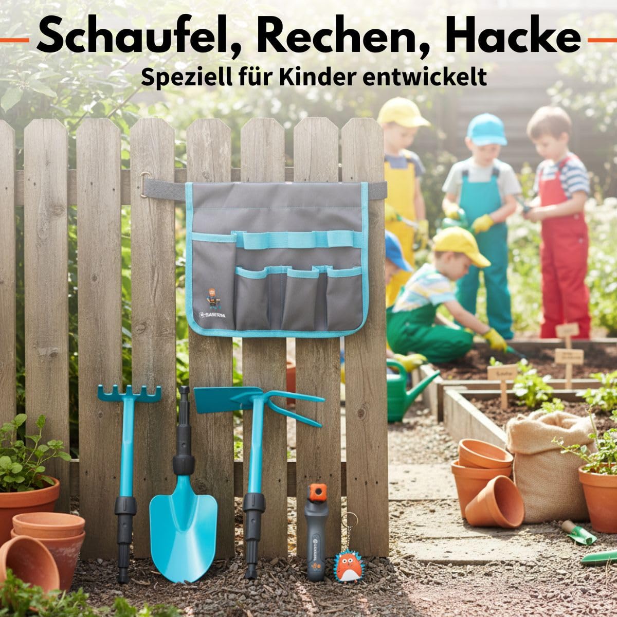 Happy People 16866 Gardena Gartentasche Set mit Gartenwerkzeug für Kinder Gartenspielzeug Outdoor Pflanzen Schaufel Harke Rechen