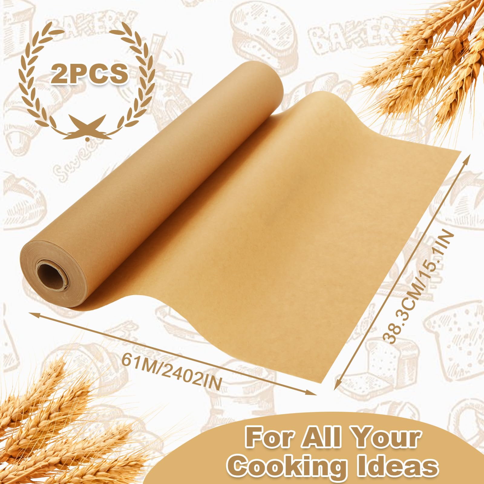 RHBLME 2 rotoli di carta pergamena, 38,1 cm x 60,1 m, carta pergamena per cottura, 250 mq, carta da forno antiaderente per cottura, griglia, cottura a vapore, cottura, friggitrice ad aria