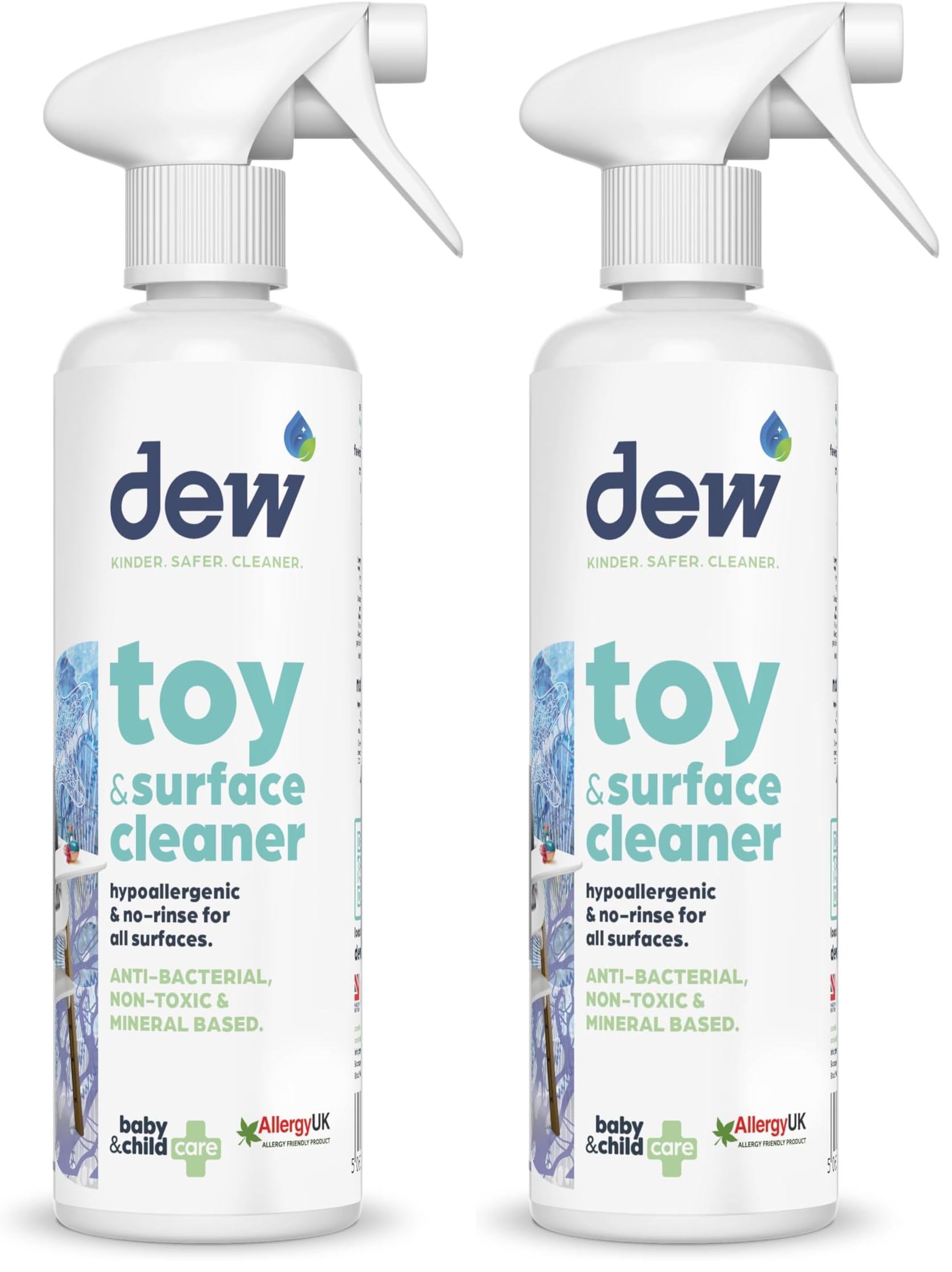 Dew Toy Cleaner & Surface Antibacterial Spray 500ml - 100% Natural Spray & Hypochlorous Acid Cleanser- Baby Safe Surface Cleaner, Bleach & Alcohol-Free- Eco-Friendly & Refillable (Pack of 2)