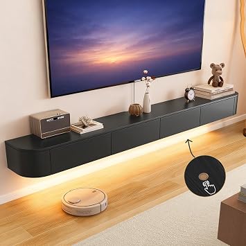 Solid Wood Modern Floating TV Stand with LED Lighting | Wall-Mounted Entertainment Console with Flip-Top Doors | TV Bench for Living Room & Office Black, 78.7
