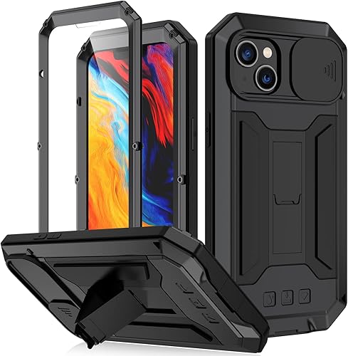 Lunivop Funda de metal compatible con iPhone 14 Plus, protección de cámaras de alta resistencia, protección completa de 360 grados con protector de
