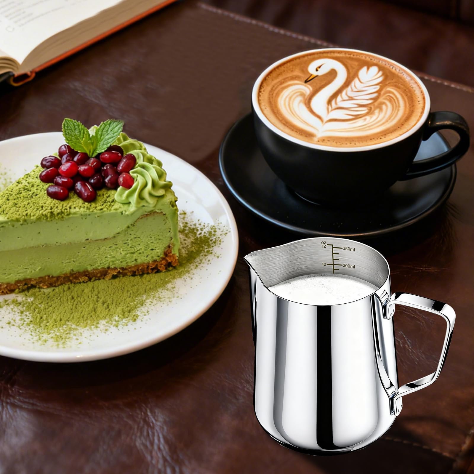 Brocca per latte in acciaio inox da 350 ml/12 oz con matita decorativa e scala, caraffa per latte Barista, ideale per espresso, cappuccino, latte, argento