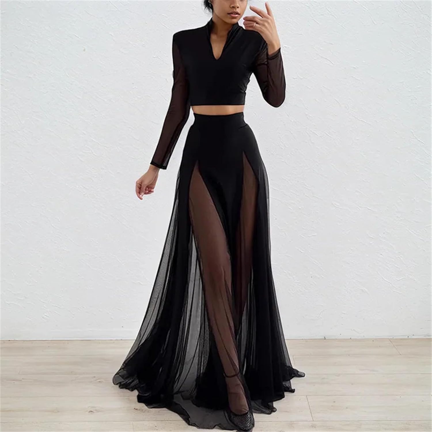 Women's Wrap Waist Set - V-Neck Long Sleeve Top & A-Line Mesh Skirt