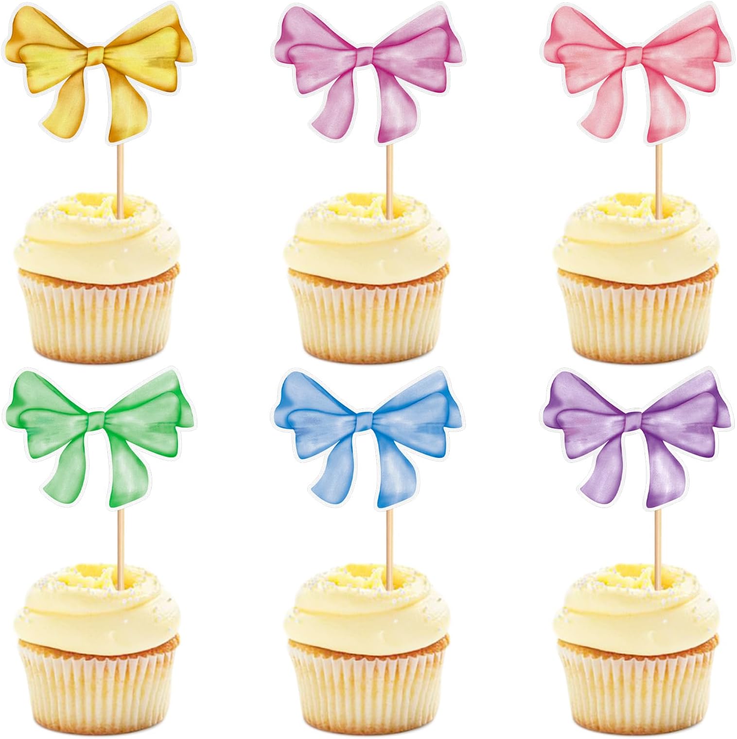 24 Pack Colorful Bows Cupcake Toppers Printed Watercolor Bowknot Cupcake Picks for Bow Baby Shower Kids Colorful Birthday Cake Dessert Picks Decoration Kindergarden Party Decors