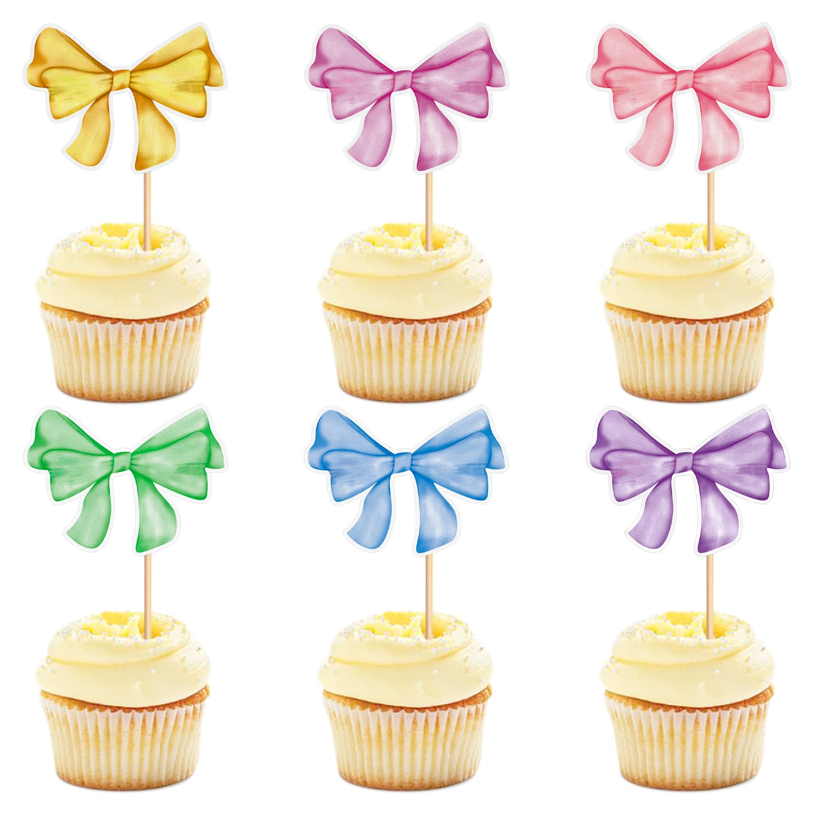 24 Pack Bow Cupcake Toppers Bowknot Pink Purple Blue Yellow Green Mulitycolor Cupcake Picks Bridal Baby Shower Cake Dessert Picks Decoration Baby Girl Birthday Wedding Party Supplies purple