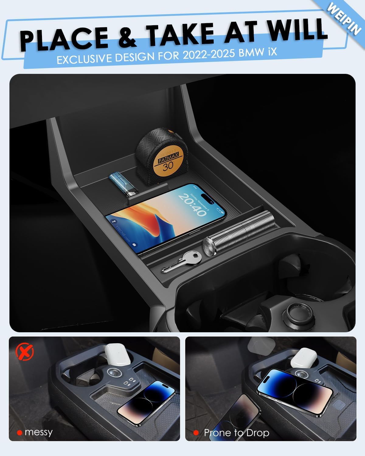 For BMW iX Lower Console Tray - Compatible with 2022-2026 BMW iX Center Console Organizer Tray [Car Food Tray] [2-Compartment][2026 Patented Design] with Anti-Slip Thick Liquid Silicone Mat - Black