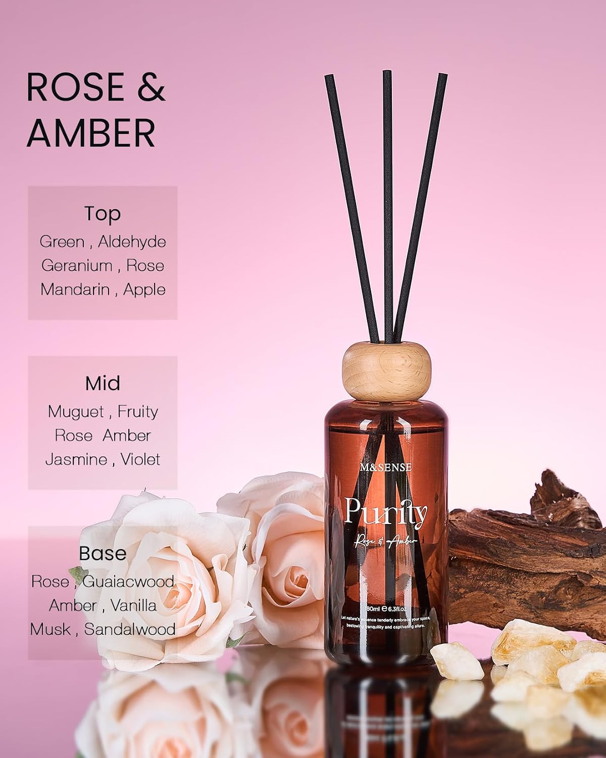 M&SENSE Reed Diffuser Set, Rose Amber, 6.3 oz Natural Essential Oil image 2