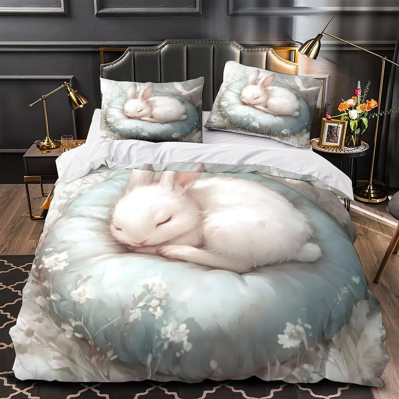 MMDASBVPE Cute Bunny Sleeping Duvet Cover 3D Design Printed Extra Soft 3 Pieces Bedding Set Zipper whimsical Quilt Cover Luxury Washable for Adults Kids Women Teens Youth Girls Boys King（220x240cm）