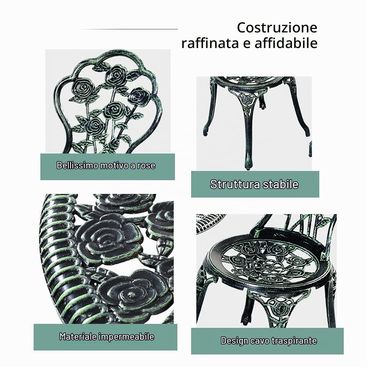 RELAX4LIFE Tavolo da Giardino con Sedie, Set da Giardino 3 Pezzi in Alluminio e Ghisa, Tavolo da Giardino con Foro per Ombrello, Tavolino Rotondo e 2 Sedie, per Balcone, Piscina, Cortile (Modello 2)