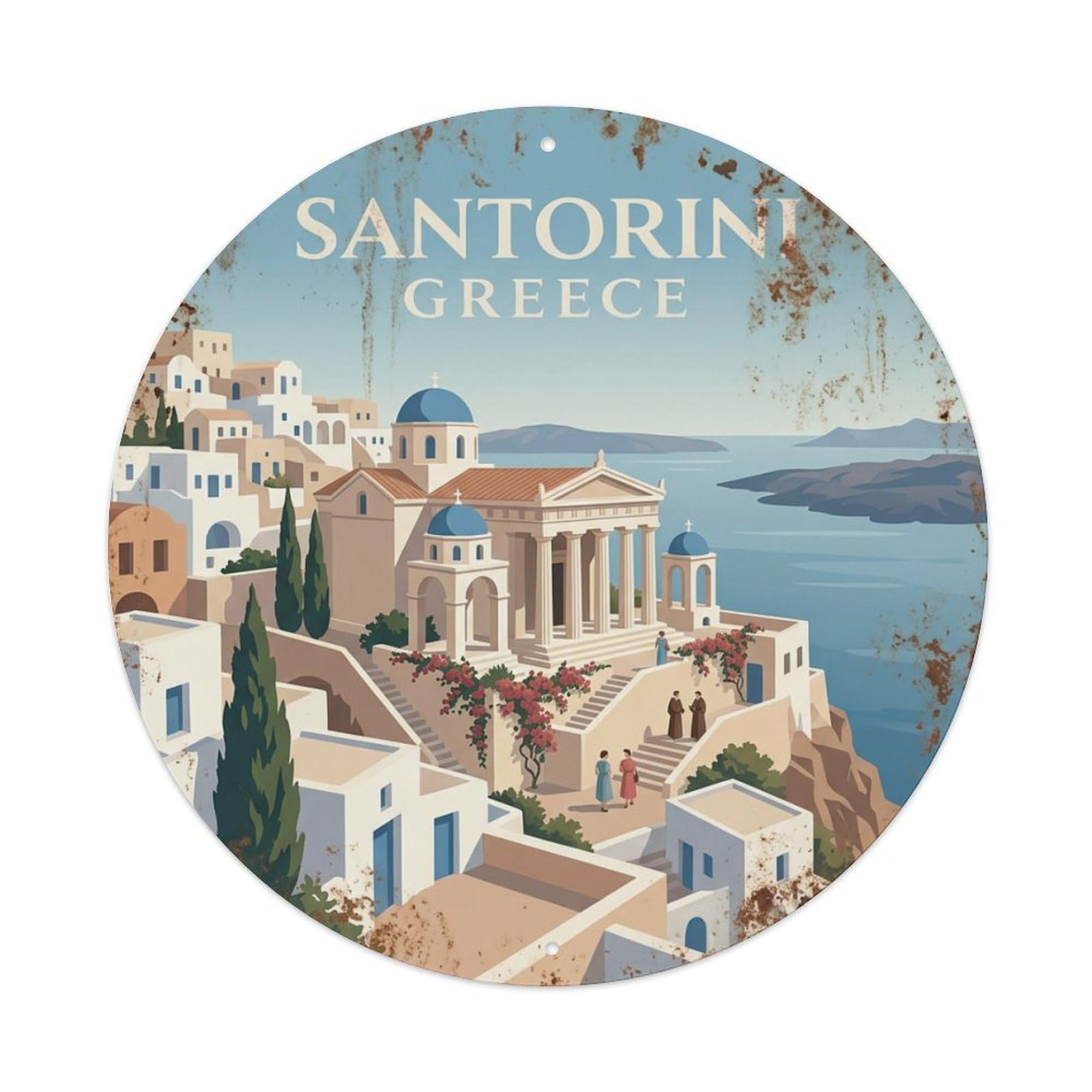 Galvaxio Style Vintage Travel Temple Santorini Hillside 1 Metal Tin Sign
