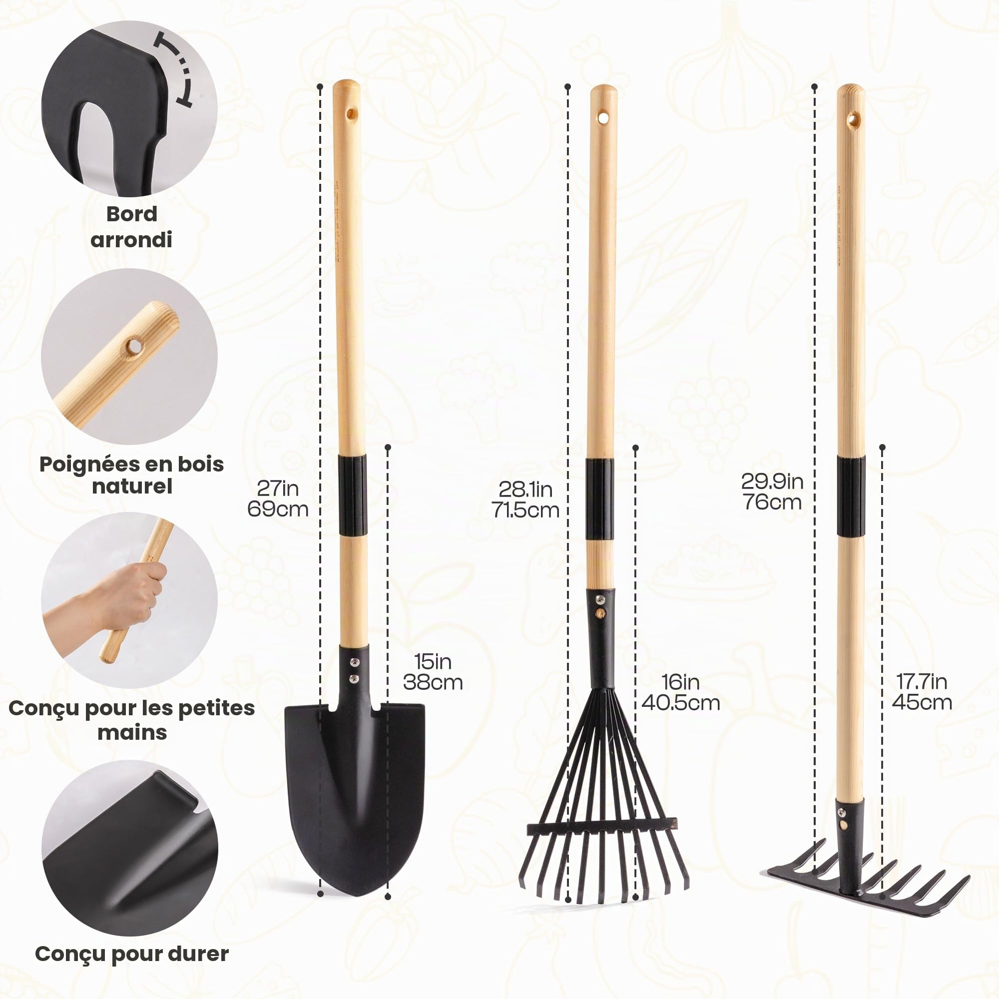 ROBOTIME Brouette et outils de plantation en métal pour enfants, 5 pièces, gris-noir, avec poignée réglable en bois de pin, arrosoir, râteau, pelle, pour garçons et filles à partir de 3 ans