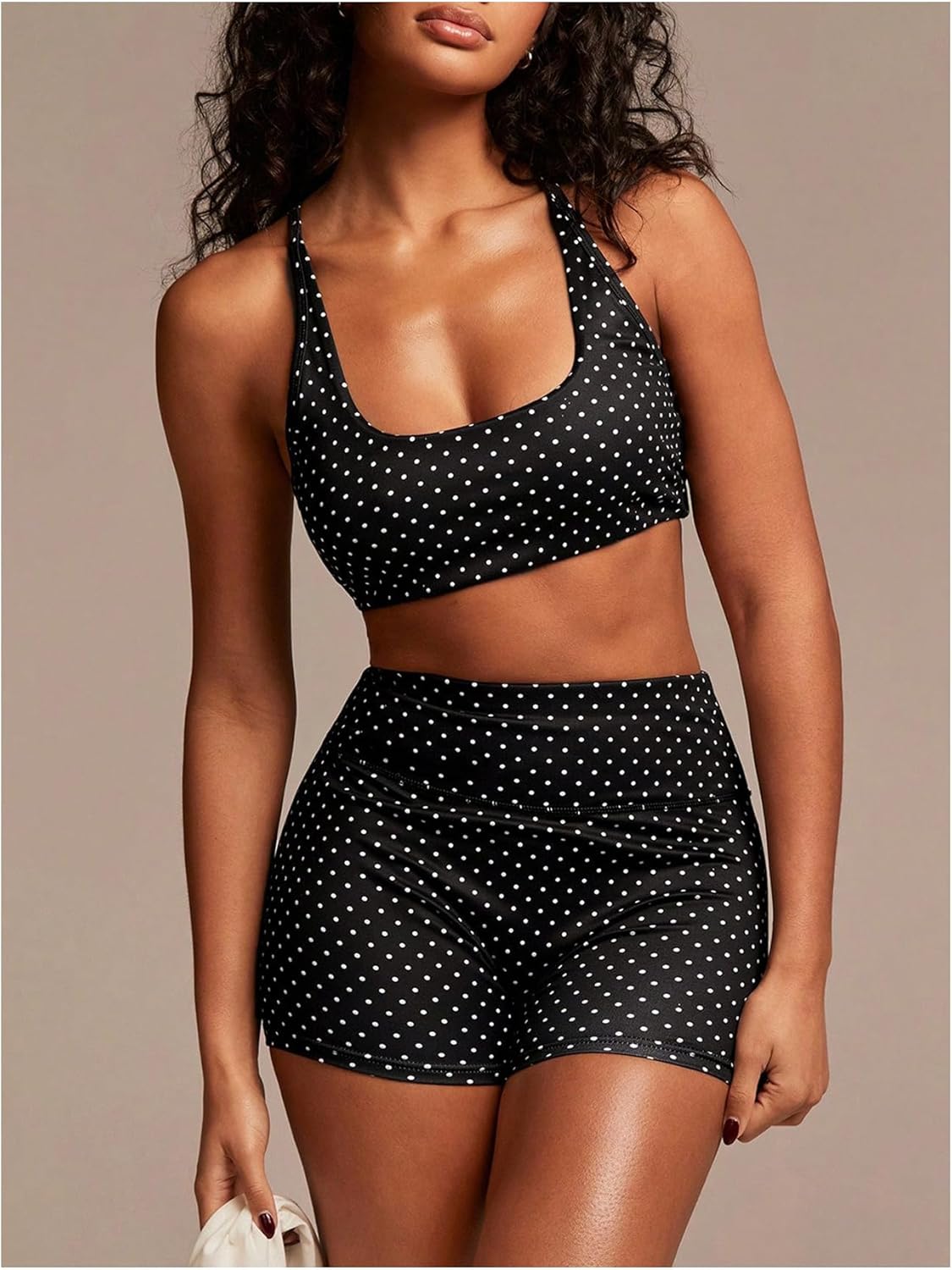MakeMeChic Women's Polka Dots Workout Sets 3 Piece Long Sleeve Crop Tops Biker Shorts Gym Yoga Active Wear Set
