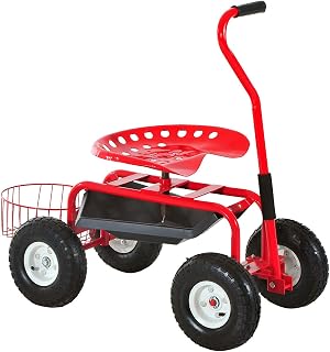 Rolling Garden Cart, Scooter with Swivel and Adjustable Seat, Tool Tray, Bucket Basket, Red and Black