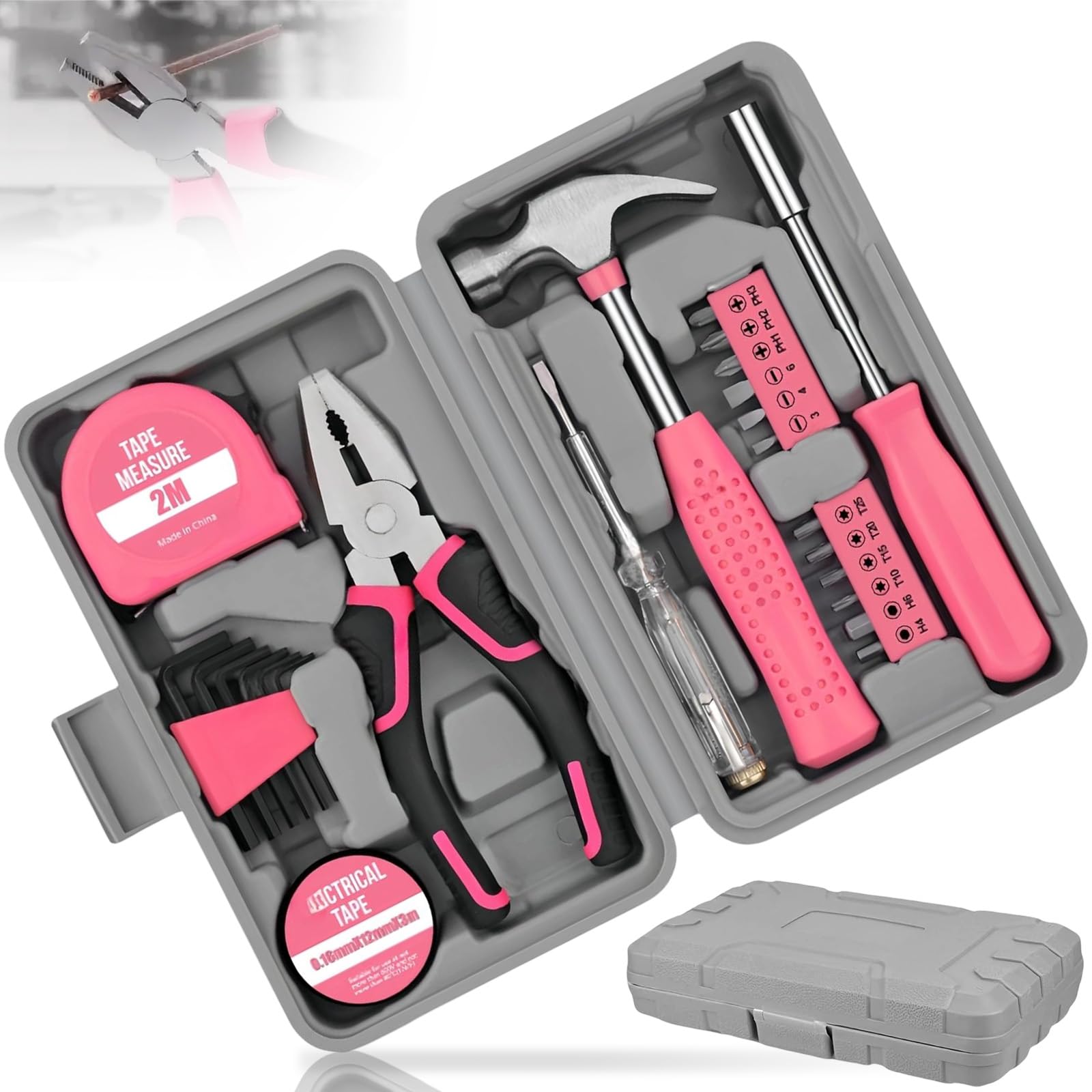 Caja Herramientas Rosa de 12 Piezas con Destornilladores, Llave Allen y Alicates, Kit de Reparación Bricolaje Manuales para Mujeres, Juego de Herramientas Pequeñas para Mantenimiento de Hogar, Oficina