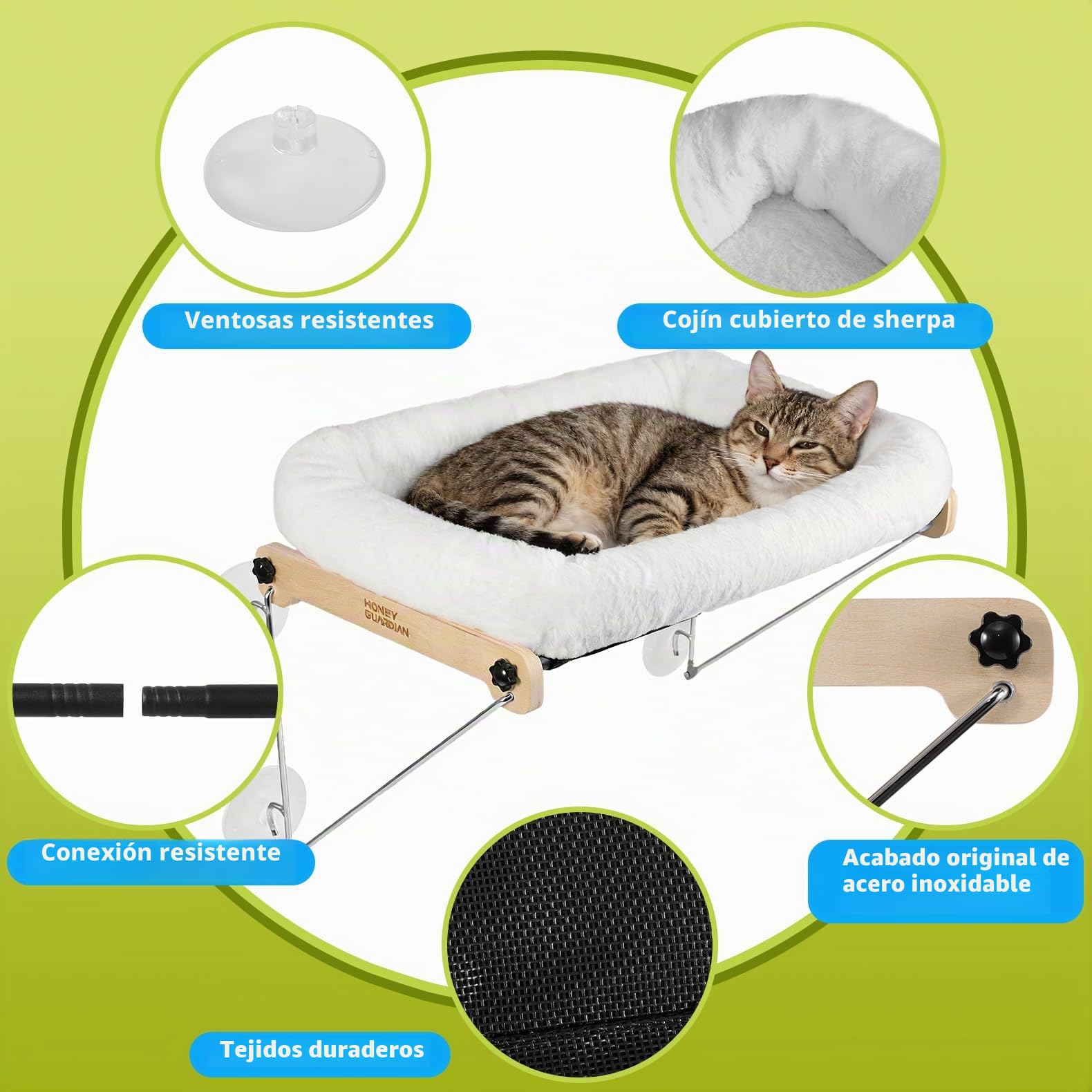 HONEYGUARDIAN Cama Gatos Ventana, Hamaca Gato Ventana de Madera con Ventosa Fuerte, Amaca Camita para Gato, Cama Colgante para Gatos Soporta hasta 18kg con Lavable & Reversible Cojín, 56 x 33cm