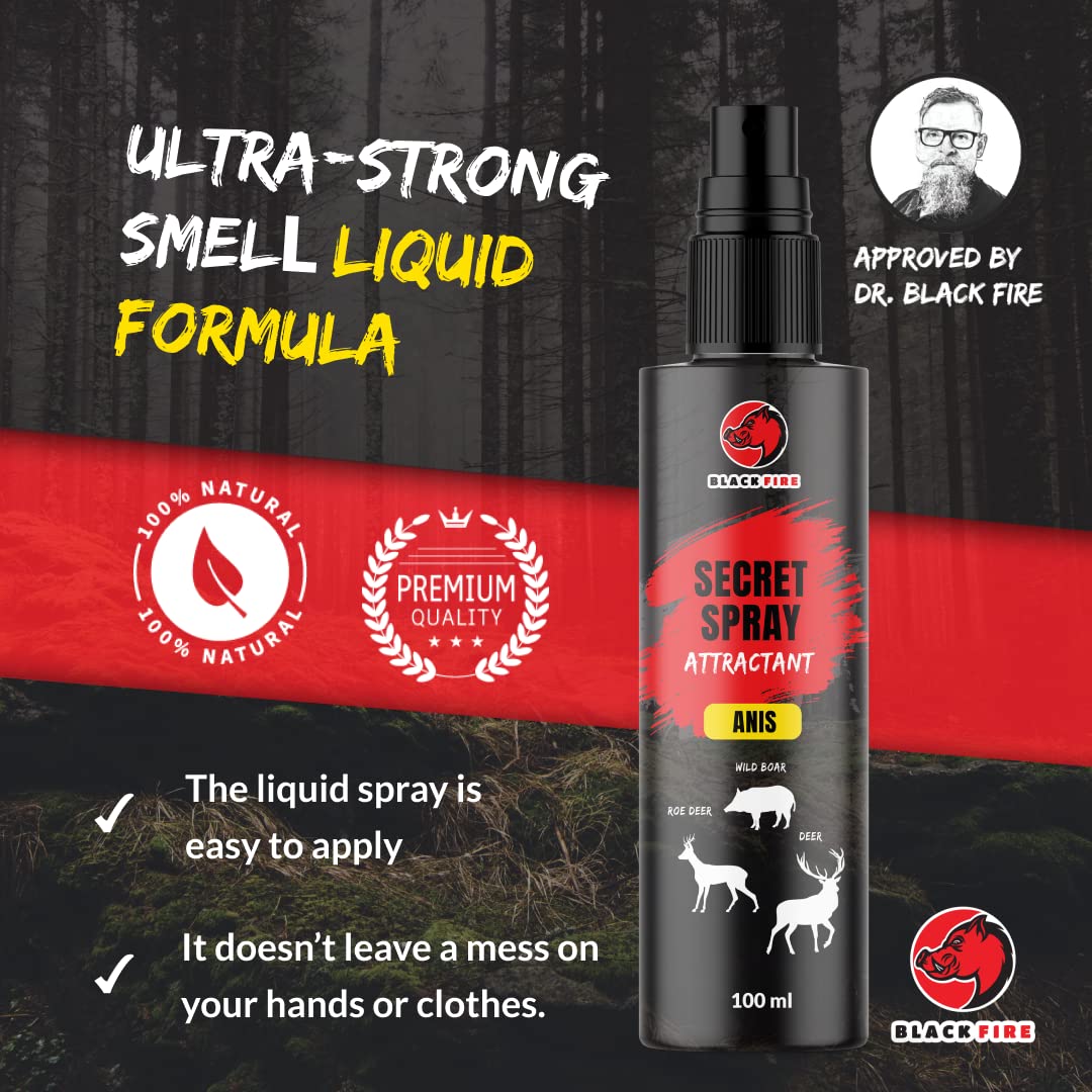 Spray Black Fire ® Spray con Aroma para jabalíes, Ciervos y corzos, Botella de 100 ml, Receta Secreta de anís - ¡Aumenta Tus Posibilidades de éxito Cuando caces!