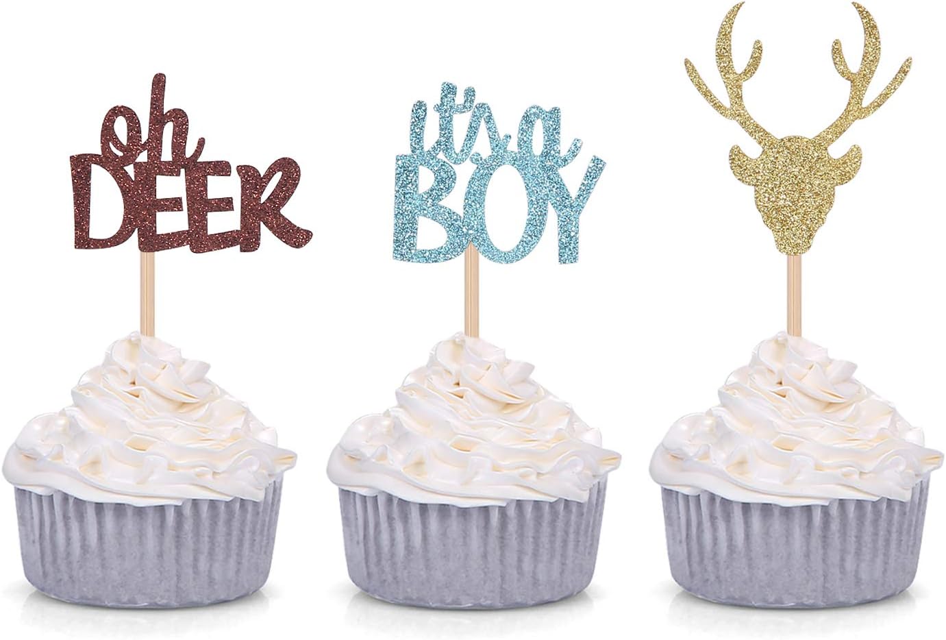Oh Deer It's A Boy Cupcake Toppers for Male Baby Shower Party Decorations (24 Counts)