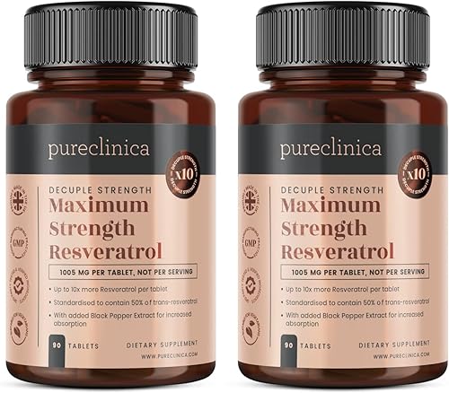 pureclinica 1000 mg de resveratrol x 180 tabletas (2 botellas de 90 tabletas cada una - suministro de 6 meses). 10 x fuerza y con extracto de