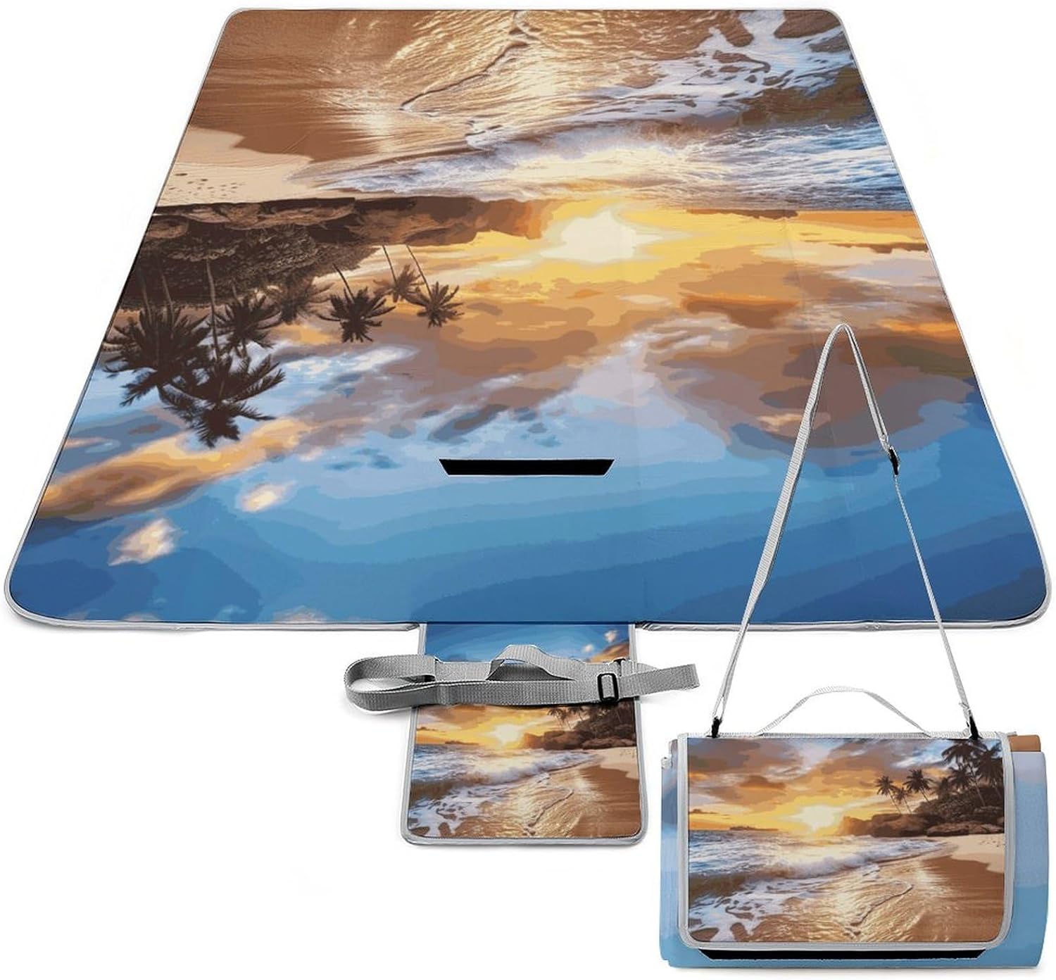 Beach Sunset Landscape Waterproof Picnic Blanket 58.3''x58.3'',Portable and Foldable Picnic Mat with Handle,Outdoor Blankets for Lawn Park Beach Travel