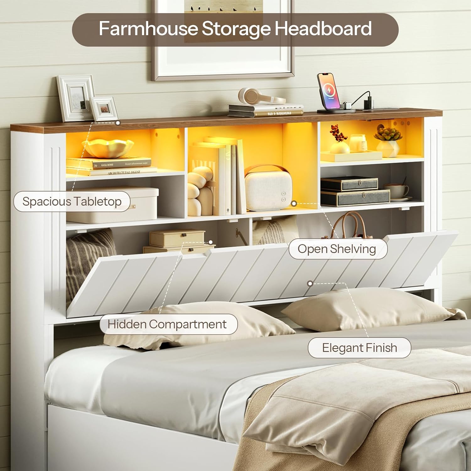 HOOBRO Headboard for Queen Size Bed with Storage, Bookcase Queen Headboard with Charging Station and LED Lights, Farmhouse Headboard Queen Size with Barn Doors and Hidden Storage, White and Walnut