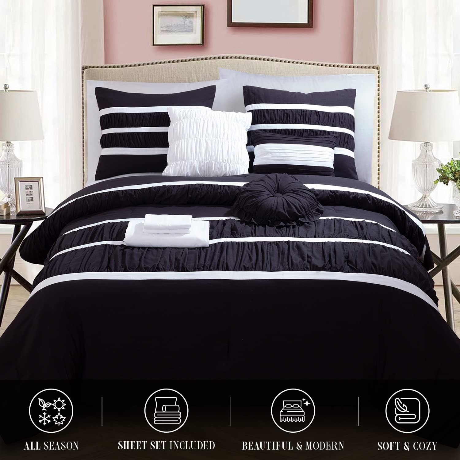 Elegant Comfort 12-Piece Bed-in-a-Bag, Isabella Pleated Ruched Ruffled Comforter Set, 6-Piece Sheet Set Featuring Smart Pockets, Matching Decorative Pillows, All Season Bedding, Queen, Black