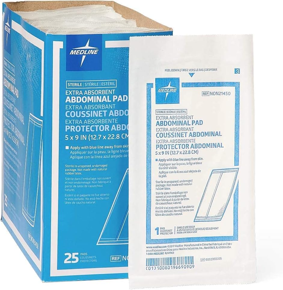 Medline NON21450H Sterile Abdominal Pads, Super Absorbent Pad, 5"X9", 25 Count