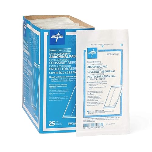 Medline NON21450H Almohadillas abdominales estériles, almohadilla súper absorbente, 5 x 9 pulgadas, 25 unidades