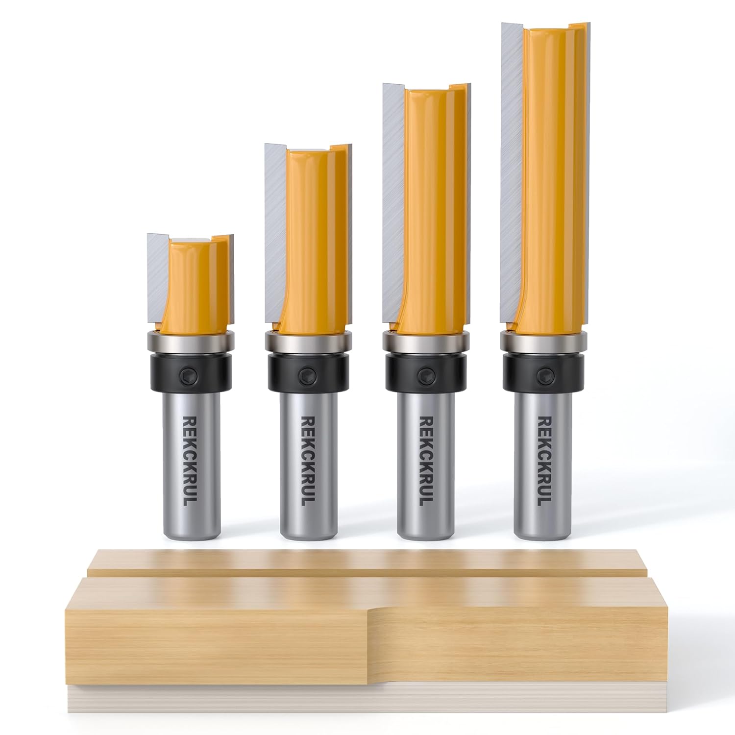 4Pcs Pattern Flush Trim Router Bits Set, 1/4 Inch Shank Top Bearing, Carbide Tipped Woodworking Router Bits for Precision Edge Trimming, Cutting Length: 1/2", 3/4", 1", 1-1/2"