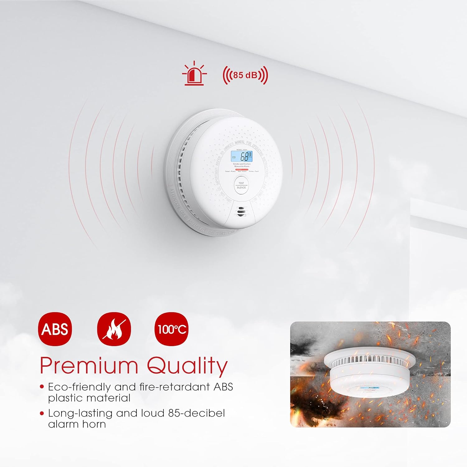 X-Sense SC01 10 Year Battery (Not Hardwired) Smoke and Carbon Monoxide Detector with Display, Dual Sensor Smoke CO Alarm Complies with UL 217 & UL 2034 Standards, Auto-Check, 3-Pack - - 