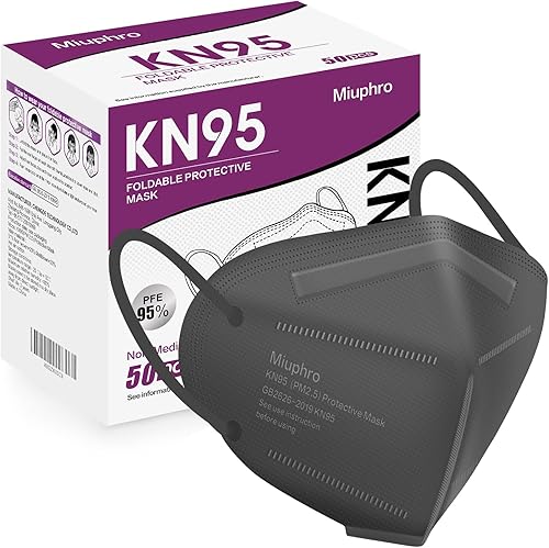 Miniatura 14 de Miuphro KN95 Máscara facial, paquete de 50 unidades, negra, máscara de seguridad con diseño de 5 capas para protección, máscaras desechables