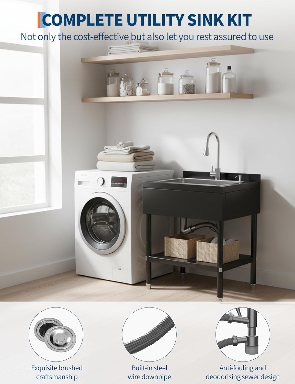 GarveeLife Stainless Steel Utility Sink,25.7" × 20.7" × 39.5 Freestanding Sink with Cold and Hot Water Faucet for Garage, Kitchen, Bathroom & Basement | Includes Drain Kit & Hoses