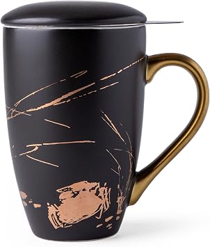 AmorArc Ceramic Tea Cup with Infuser and Lid, 17 Oz, Ceramic Cup with Handle for Steeping Loose Leaf Teas, Steeping Tea Mug with Strainer, Black