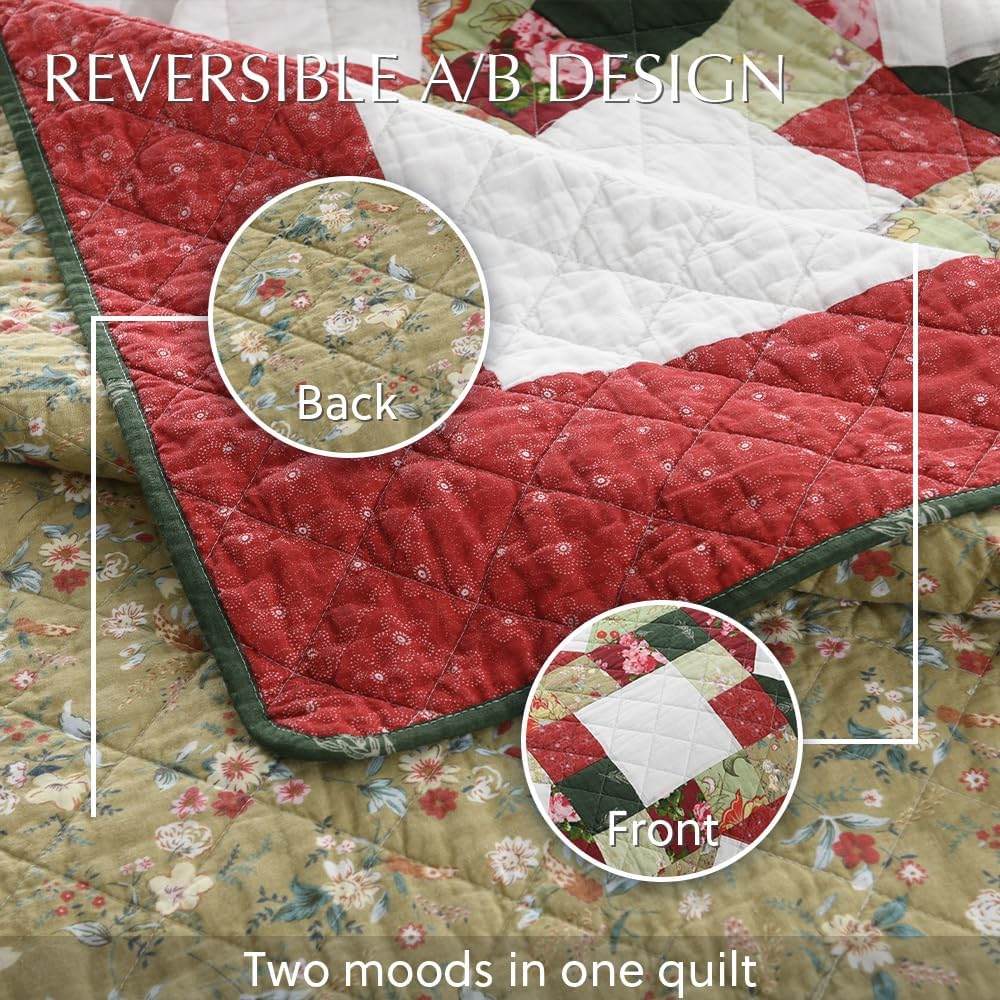 Cotton Quilt Bedding Sets 3 Pieces Soft Reversible Coverlets Luxury Star Real Patchwork Bedspread, Red White, Queen Size - Image 4