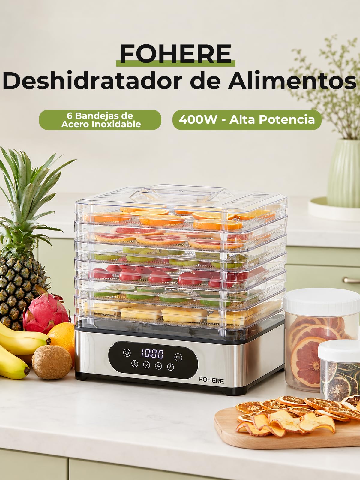 FOHERE Deshidratador de Alimentos, 6 Bandejas de Acero Inoxidable, 35-70°C | Temporizador de 48H, 400W, 3 Frasco de Almacenamiento, Molde de Silicona para Barras de Cereales, para Frutas Verduras Carne