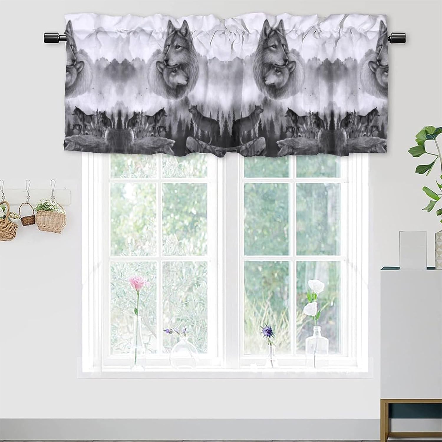 Brebasf Winter Forest Wildlife Wolf Valance for Window Curtains,Fantasy Galaxy Full Moon White Wolves Rod Pocket Curtains Valance Window Treatment 54x18inch,2Pcs