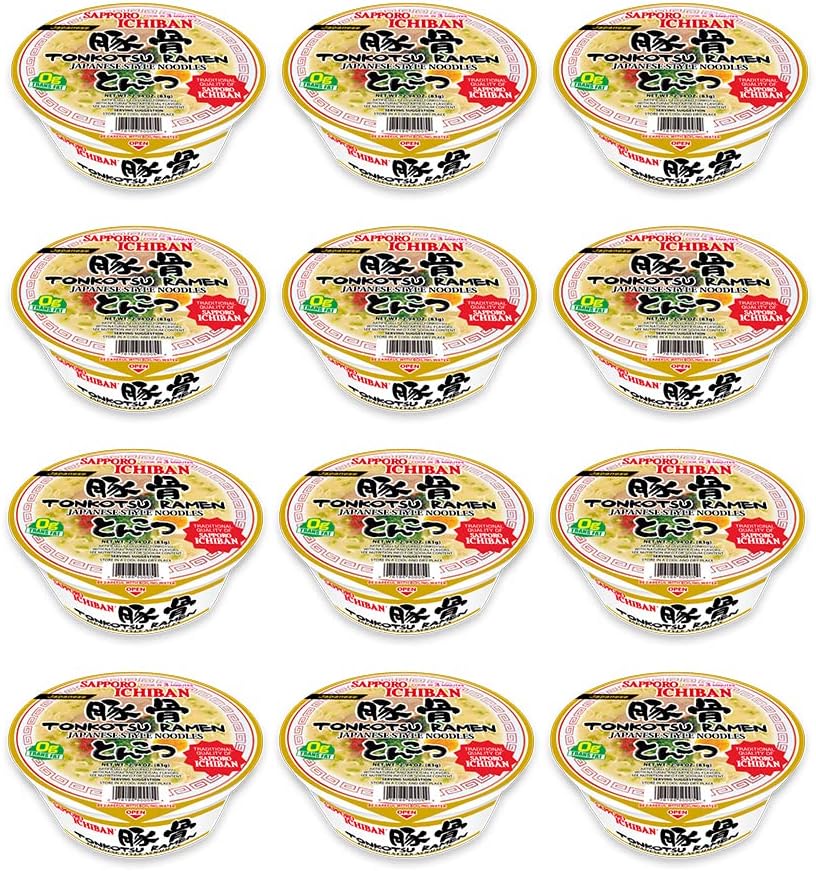 [SAPPORO ICHIBAN] Tonkotsu Ramen Bowl (Donburi) Noodles, No. 1 Tasting Japanese Instant Cup Noodles (2.94 oz x 12 Bowls) (Tonkotsu)