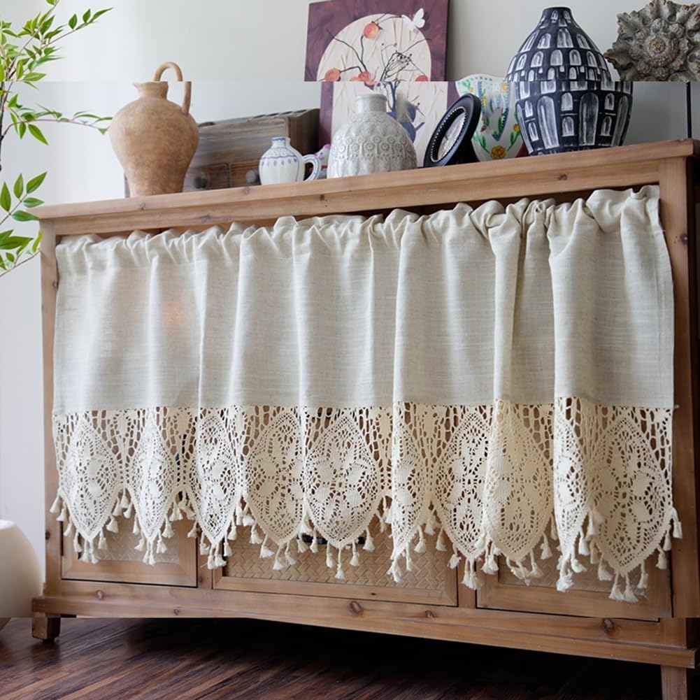 Rustic Boho Curtain Valance with Crochet Lace for Kitchen Bedroom, Rod Pocket Scalloped Edge Tassel Short Curtain