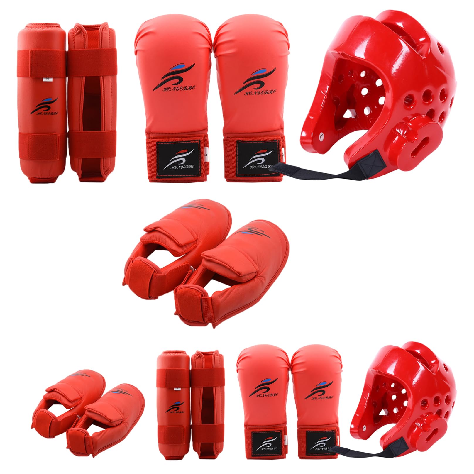 Lawnrden Taekwondo Sparring Gear, Karate Sparring Gear Protective Polyester Taekwondo Includes 1Pc Helmet, 1 Pair Gloves & 1 Pair Leg Guard, Also for Biking, Martial Art & More, Red, M