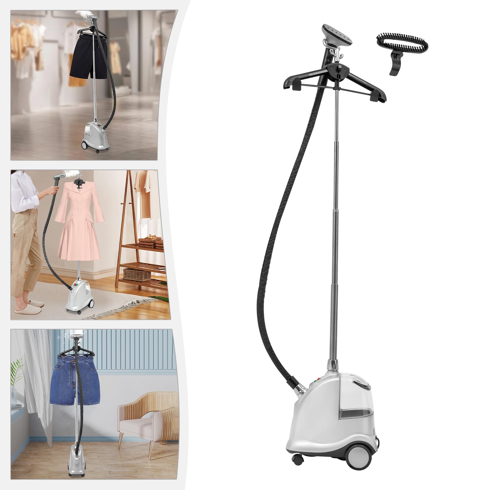 2200W Dampfbügeleisen für Kleidung Stehendes Dampfgerät 3L Wassertank Höhenverstellbare Stütze bis 175m 99℃ Dampftemperatur für Seide Nylon Wolle Baumwolle Leinen silber