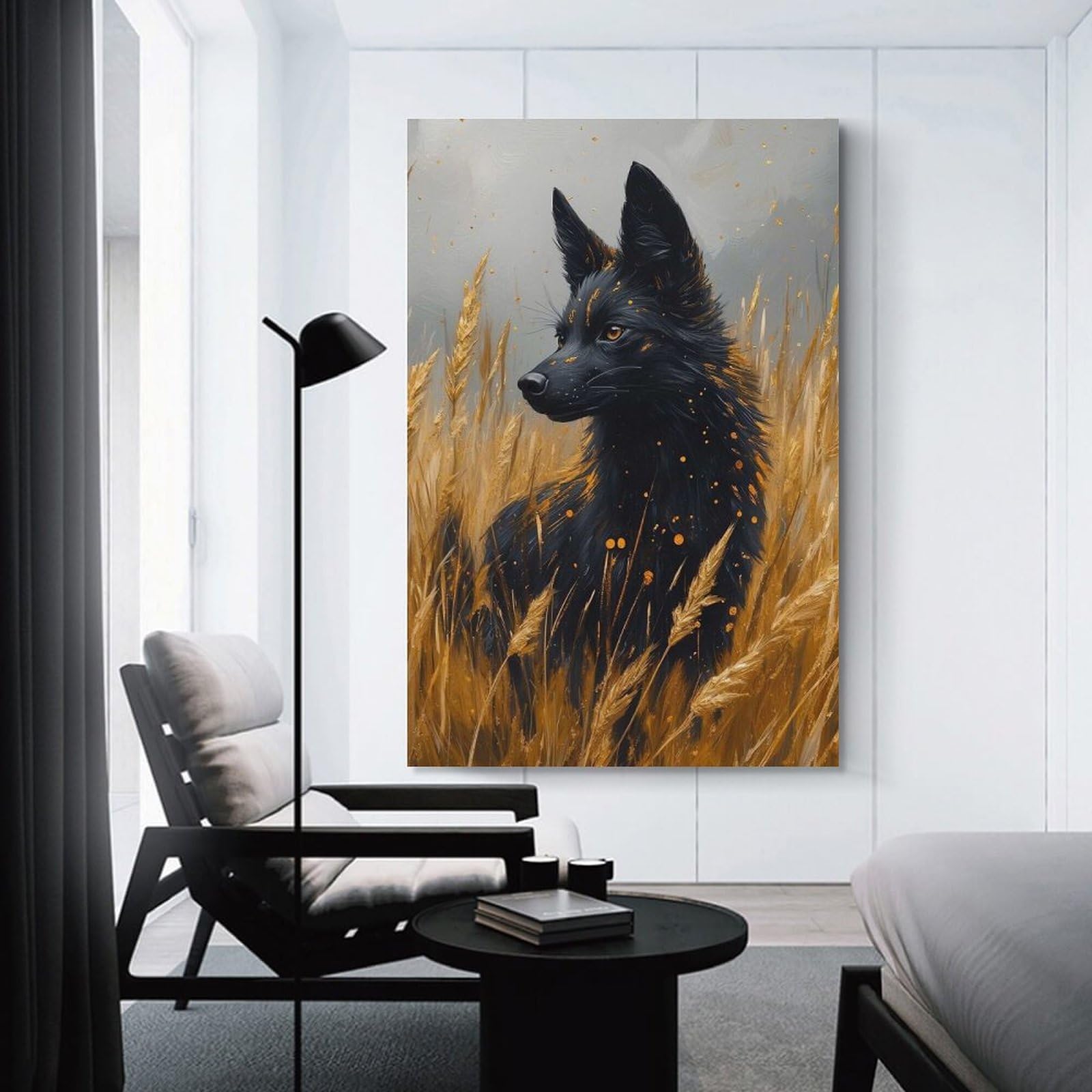 Junmoney Unframe-Style-19 Black Wolf In Golden Wheat Field Canvas Art Print 16X24inch(40X60cm), For Gallery Wall Layouts In Home Or Office, Decorative Artwork With Flexible Styling