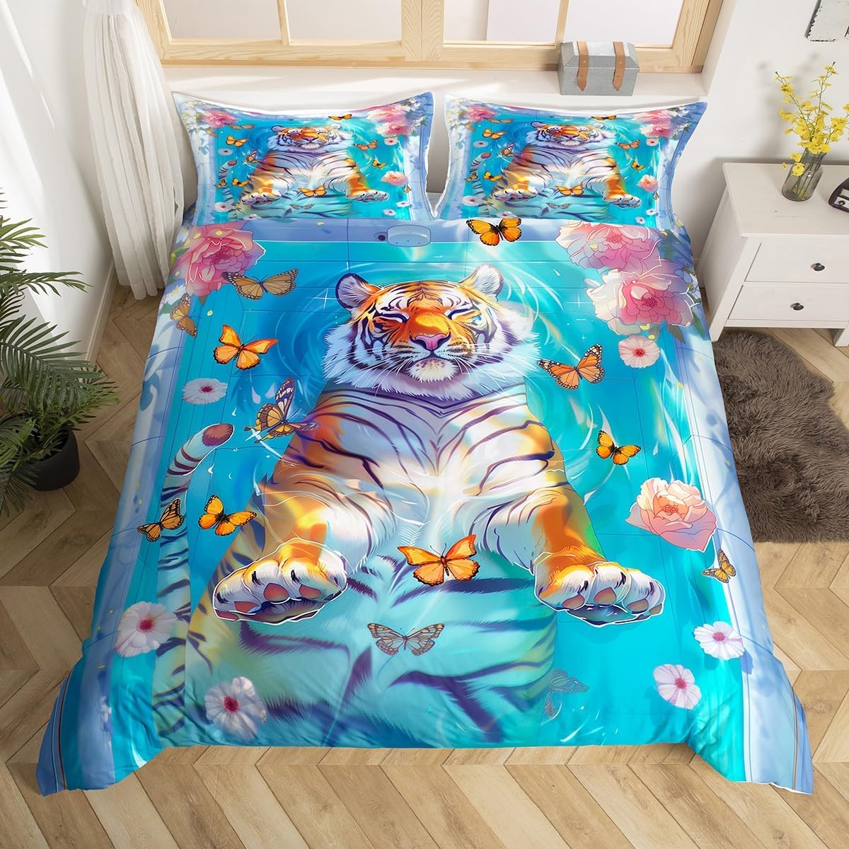 Kawaii Tiger Duvet Cover Sets(NO Comforter),Wild Animals Bathing in Bathtub Comforter Cover for Kids Adults Bedroom Decor,Dreamy Butterfly Flowers Bedding,Rustic Style Quilt Cover,Toddler Size